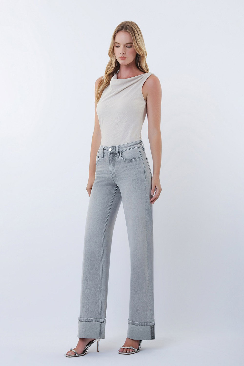 Polly Light Grey High Rise Cuffed Jeans