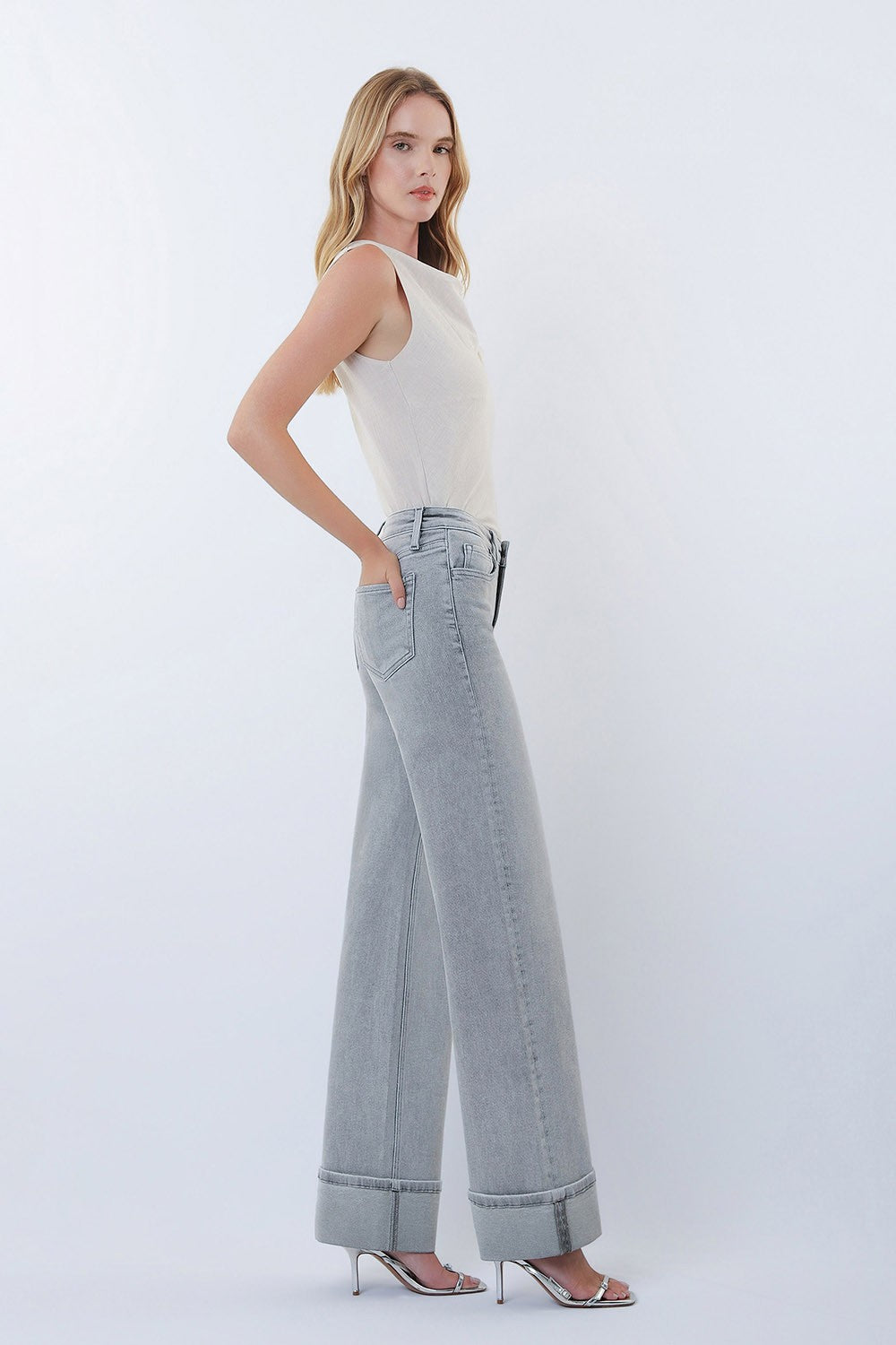 Polly Light Grey High Rise Cuffed Jeans