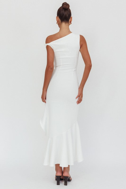 Claire white boat neck off shoulder bodycon maxi with ruffle slit