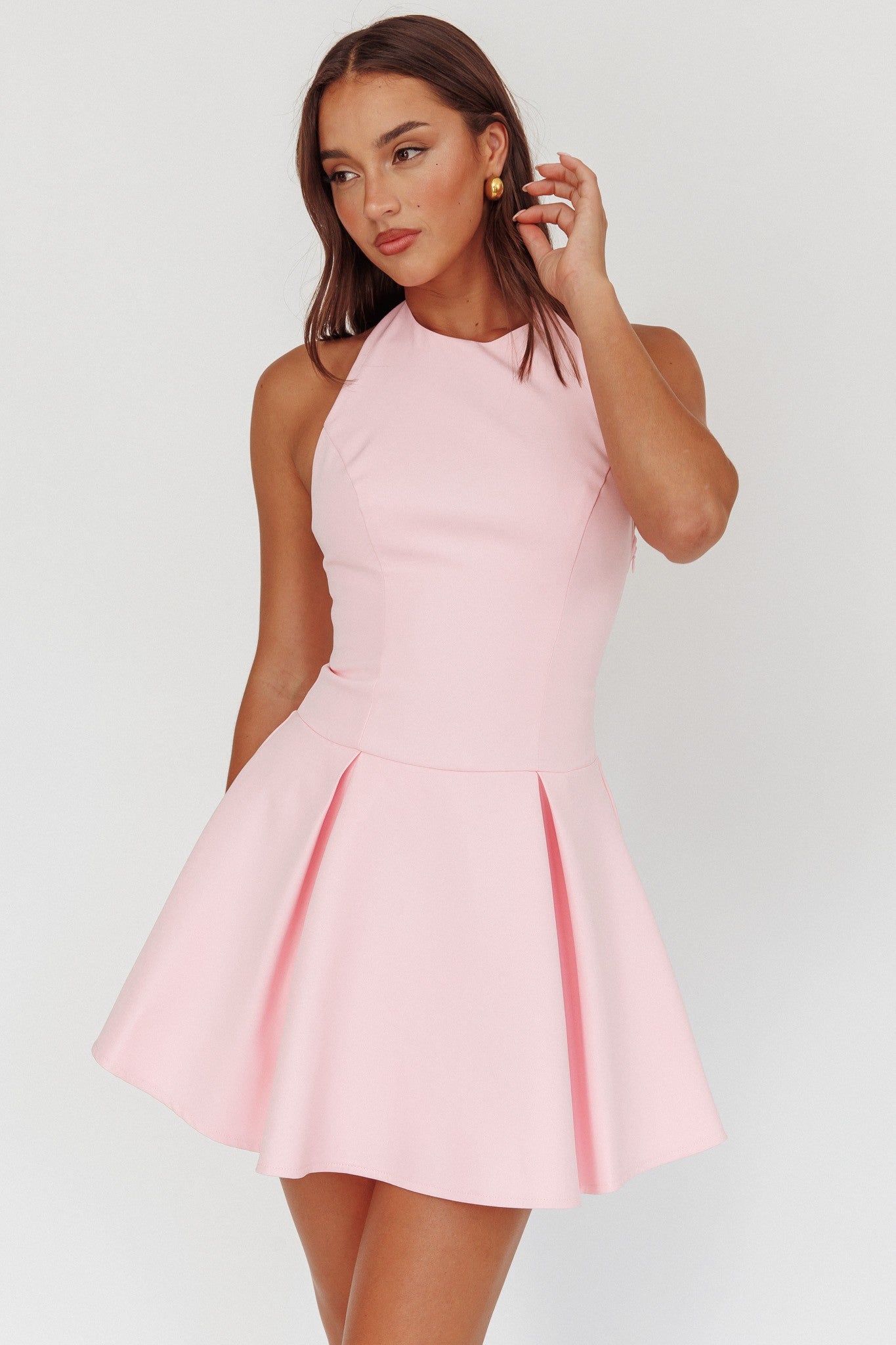 Sofia Pink Halter Neck Flare Bottom Mini Dress