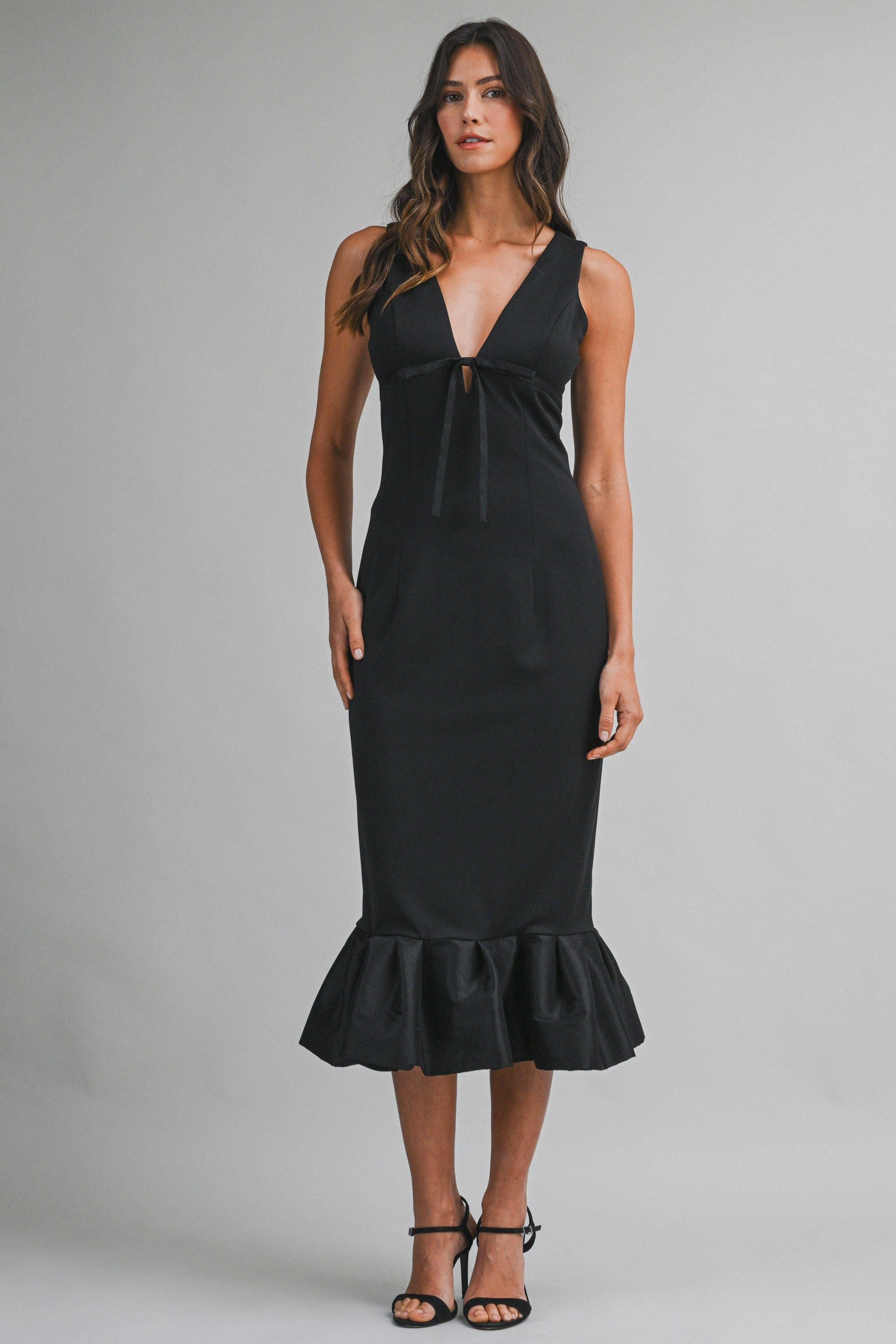 Lynn black plunge neckline midi dress with ruffle hem
