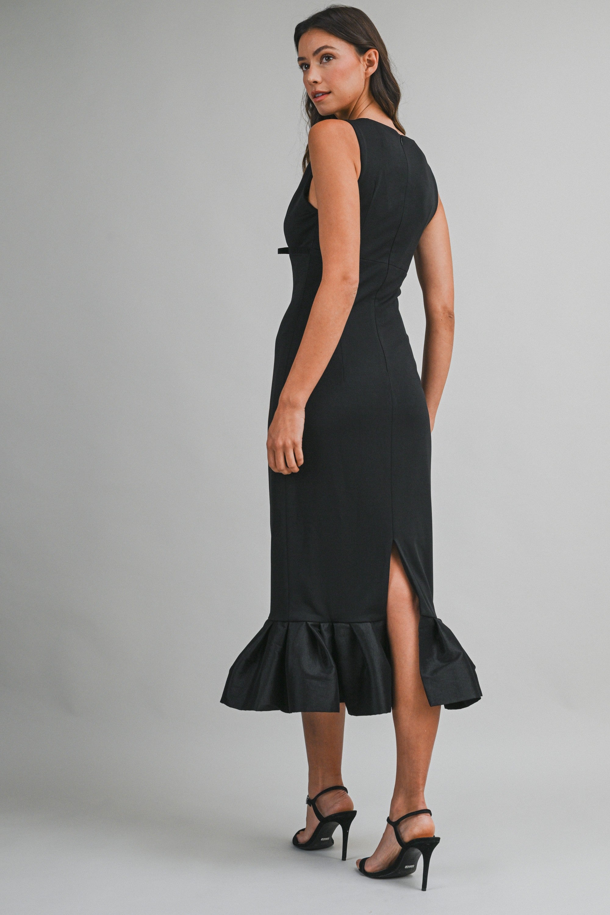 Lynn black plunge neckline midi dress with ruffle hem