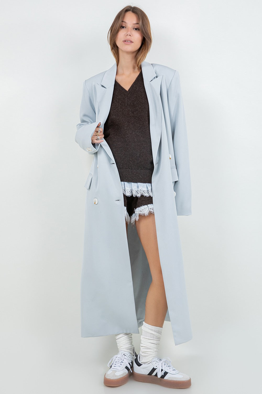 Quen light blue button closure long blazer