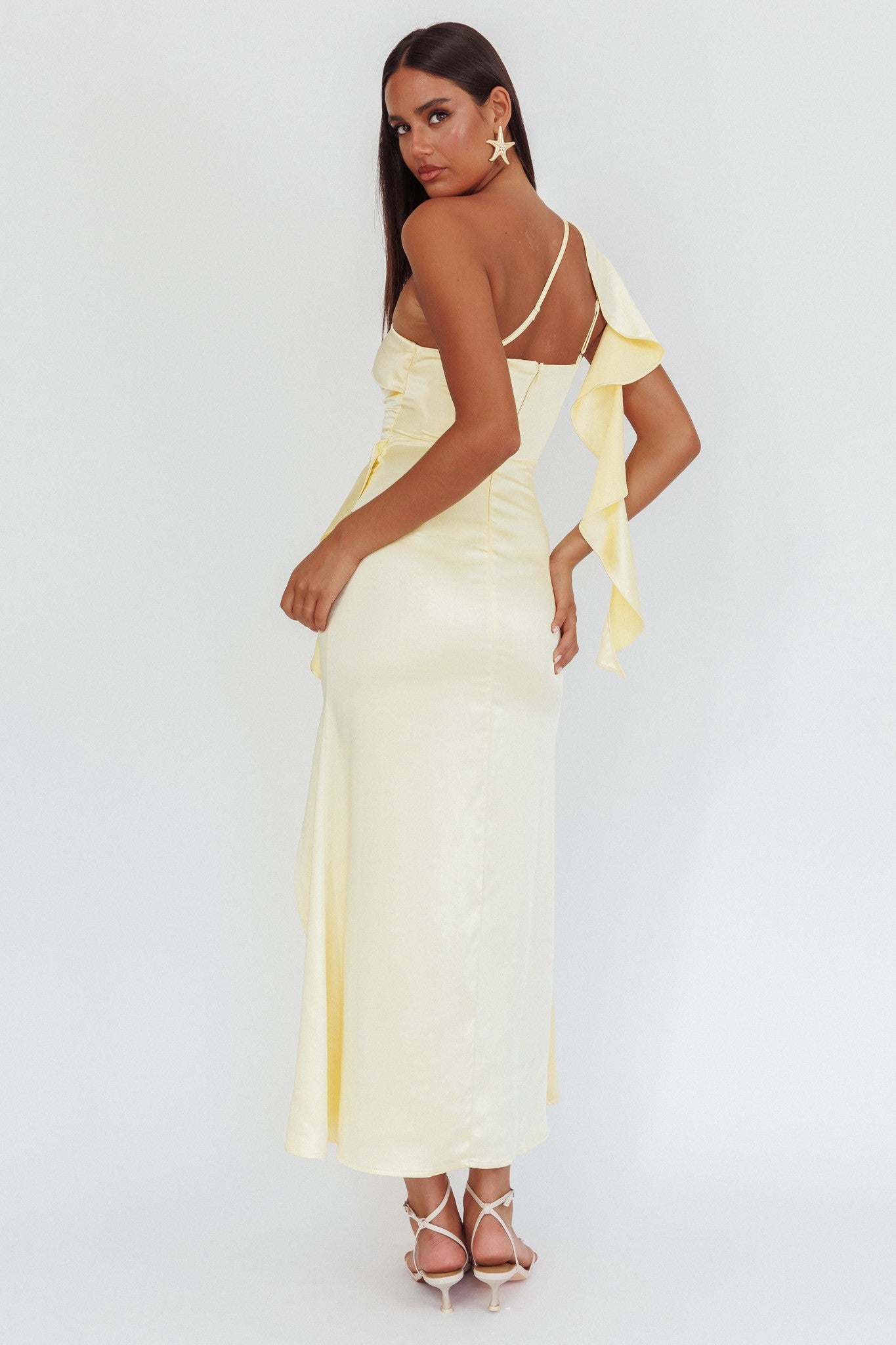 Saskia Butter yellow satin one shoulder maxi with ruffle trim