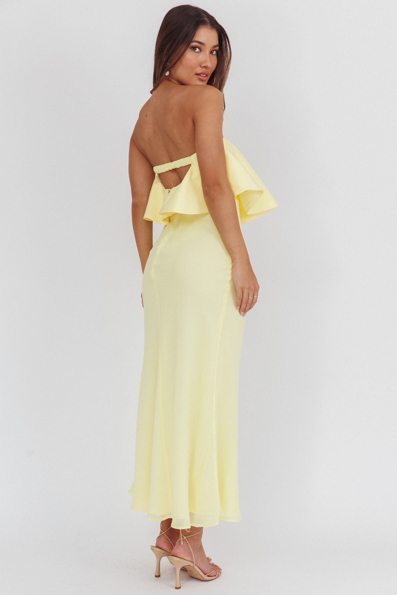 Esperanza Yellow strapless ruffled maxi tube dress
