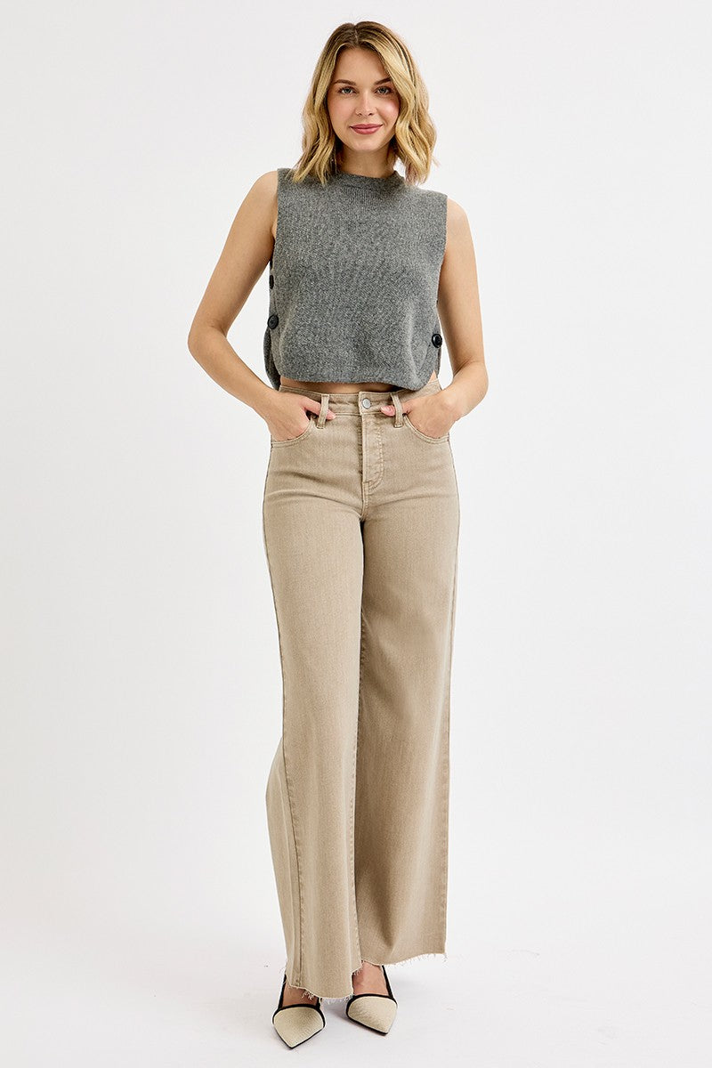 Micah taupe denim palazzo pant with gold stitch