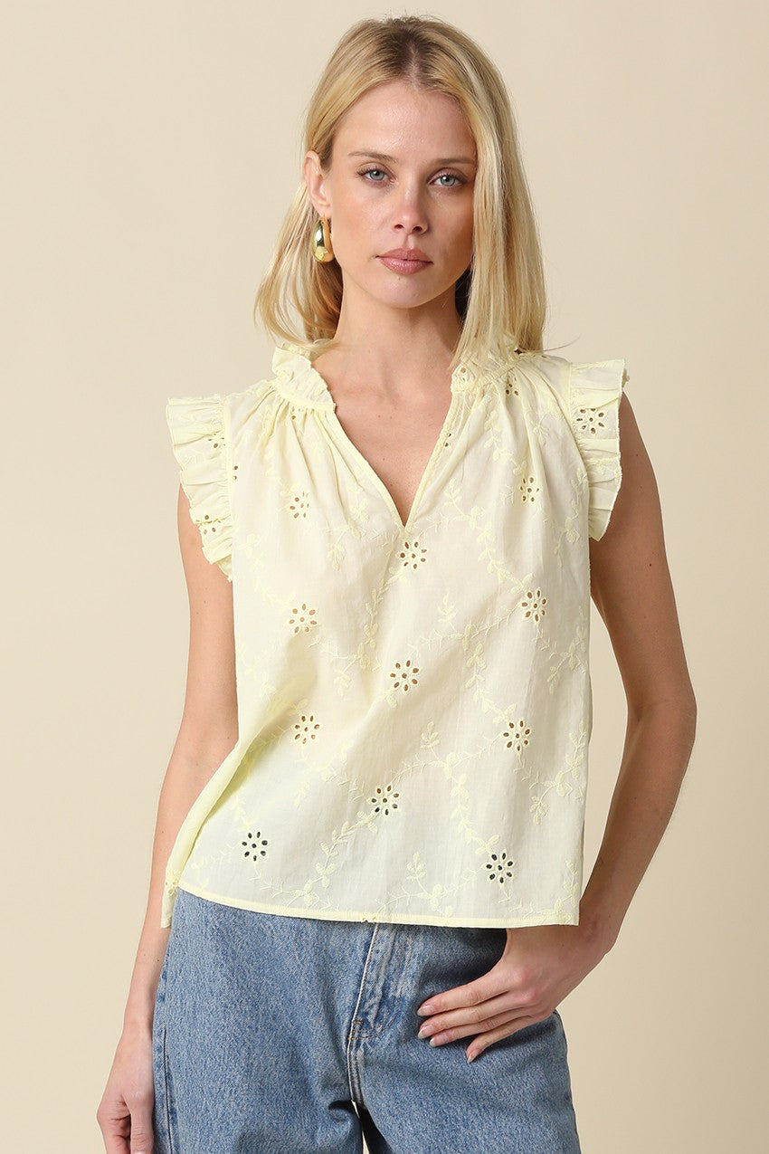 Kelley butter yellow eyelet ruffle sleeve top