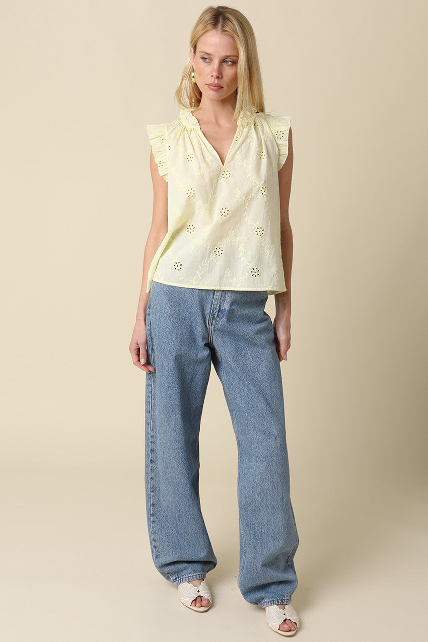 Kelley butter yellow eyelet ruffle sleeve top