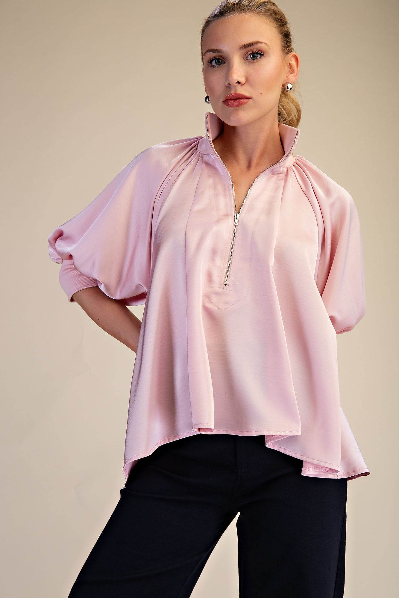 Mila pink mock neck zip up long sleeve top
