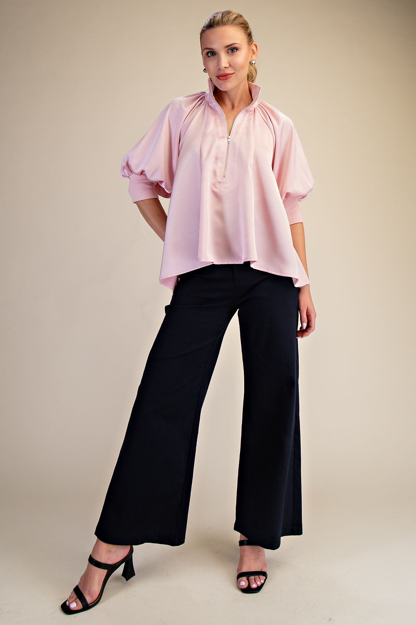 Mila pink mock neck zip up long sleeve top