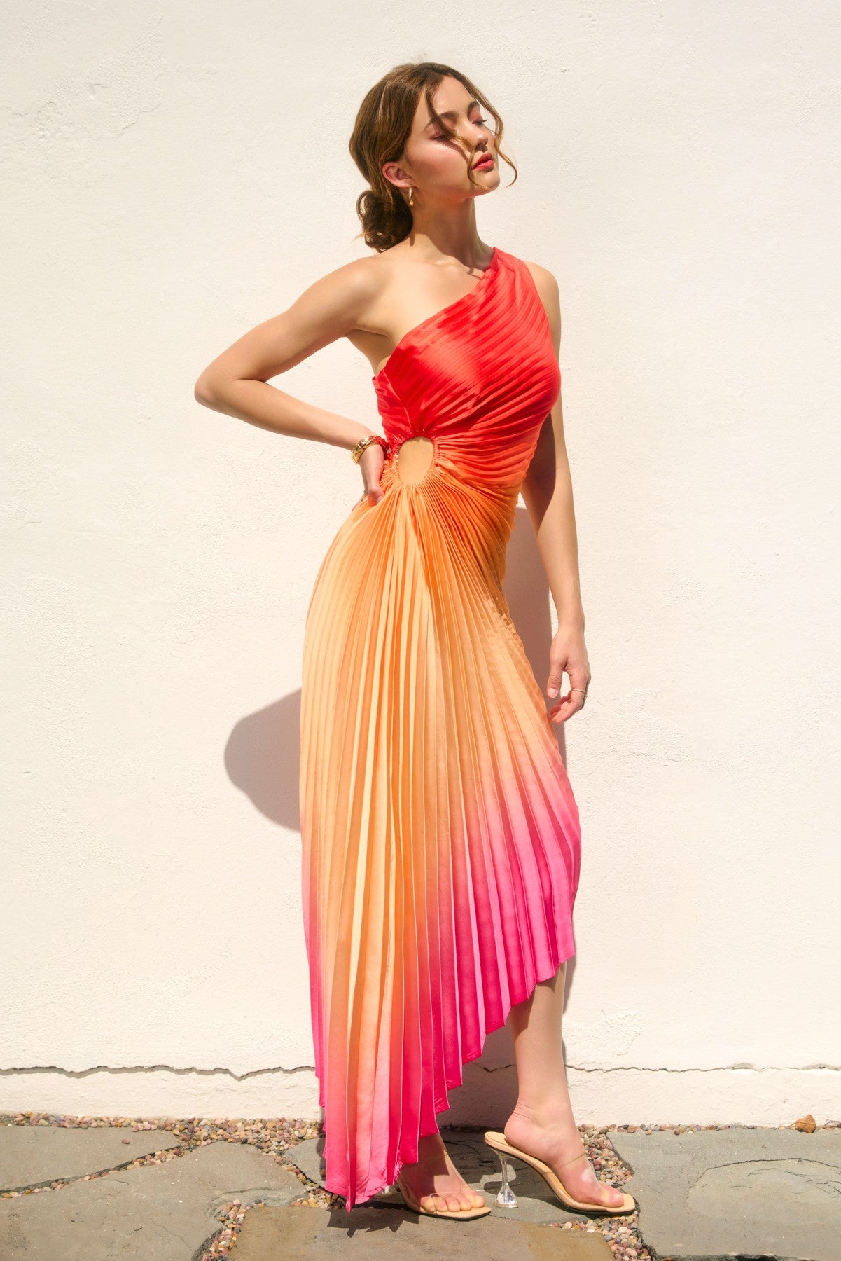 Sunny red orange and pink ombre aysemmetric pleated maxi