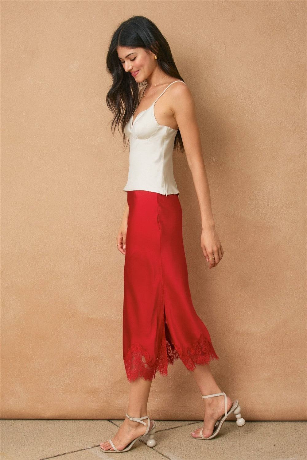 Cammi Red Matte Satin Midi Skirt With Lace Hem