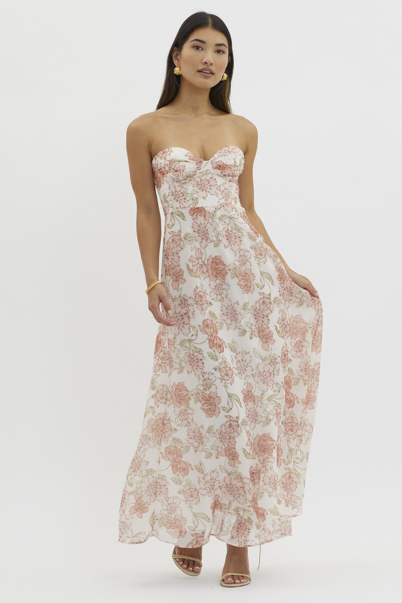 Chloe Chiffon Floral Strapless Corset Back Bone In Midi Dress