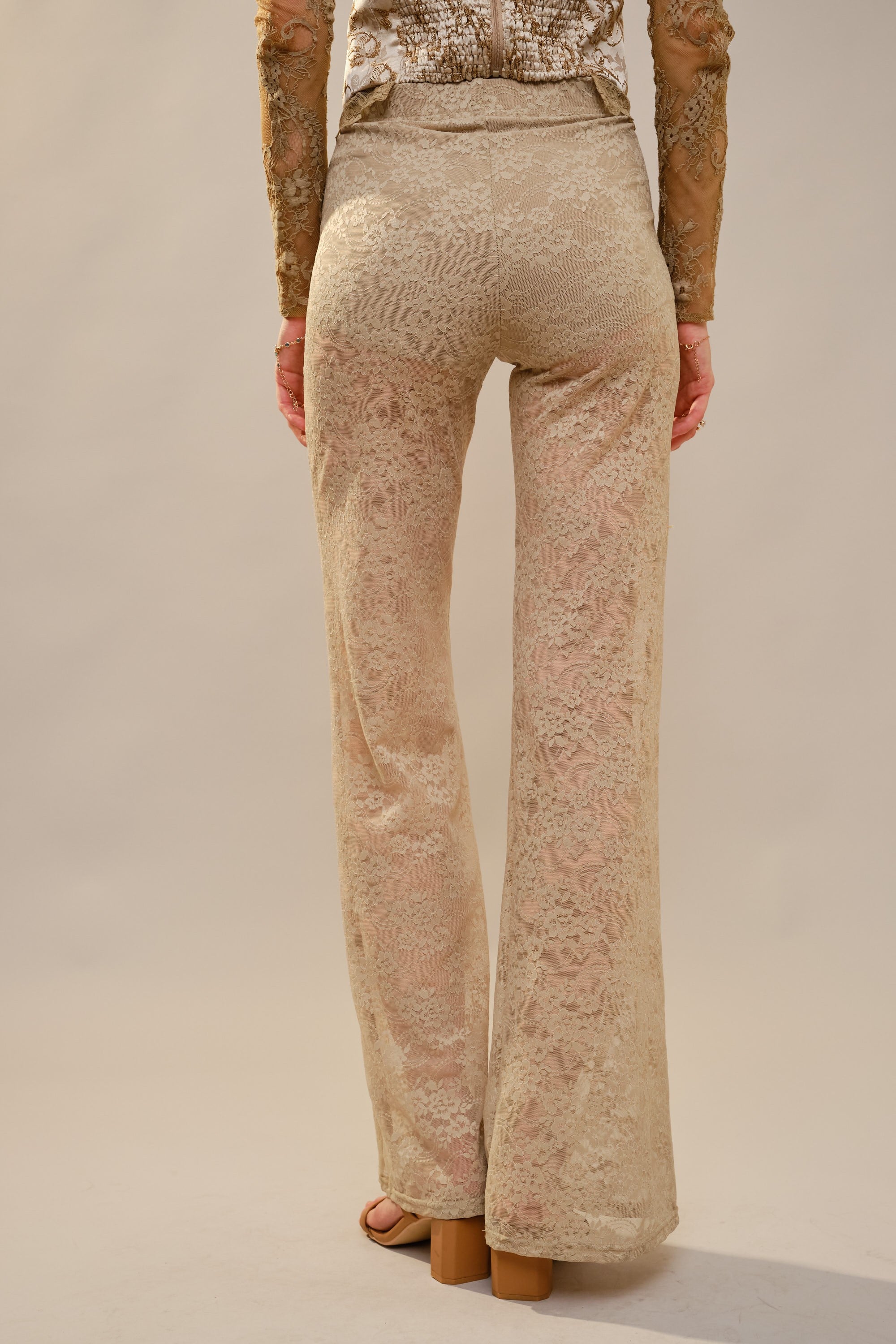 Cassandra Sand Floral Lace Overlay Flare Pant