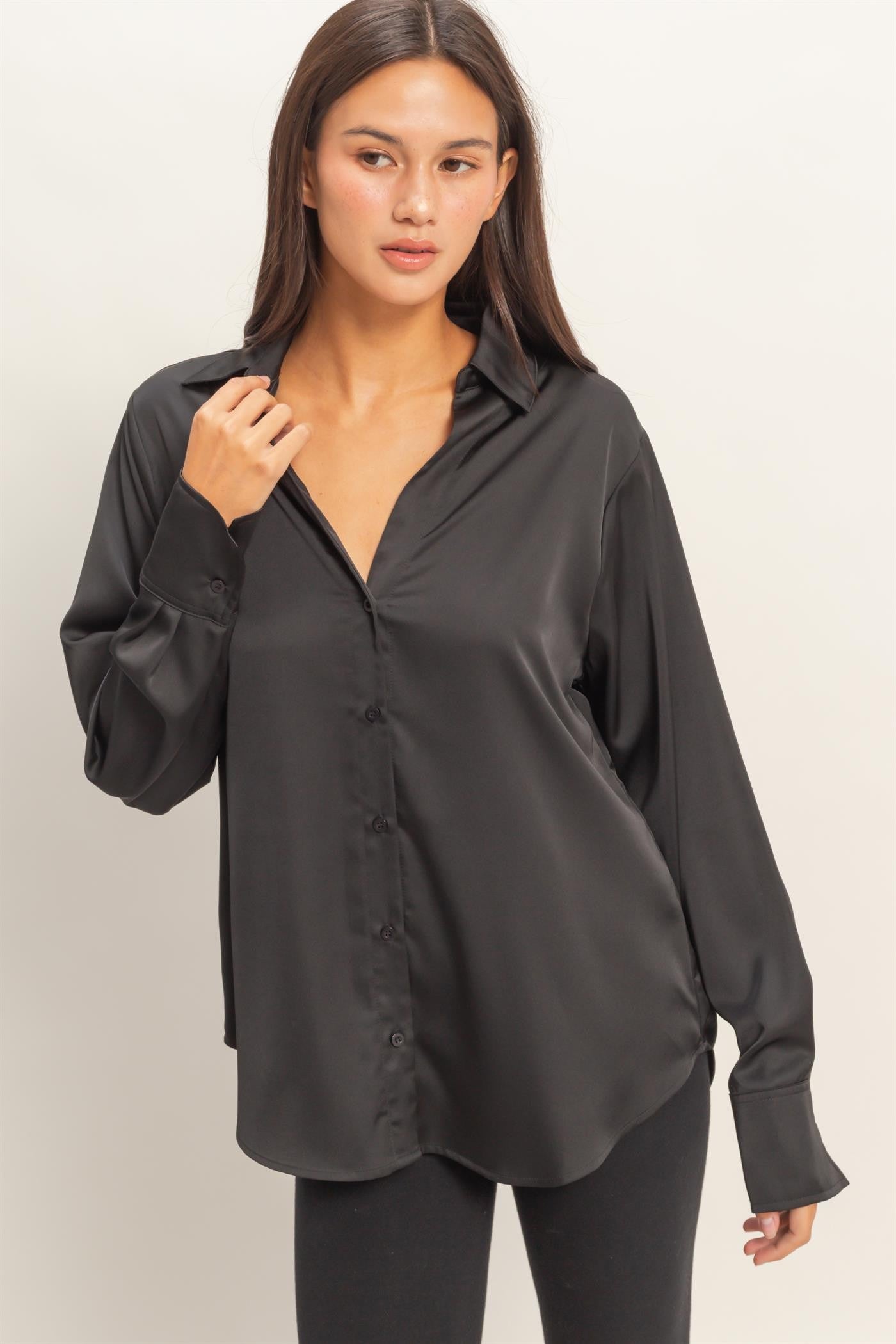 Kara black satin v neck button up