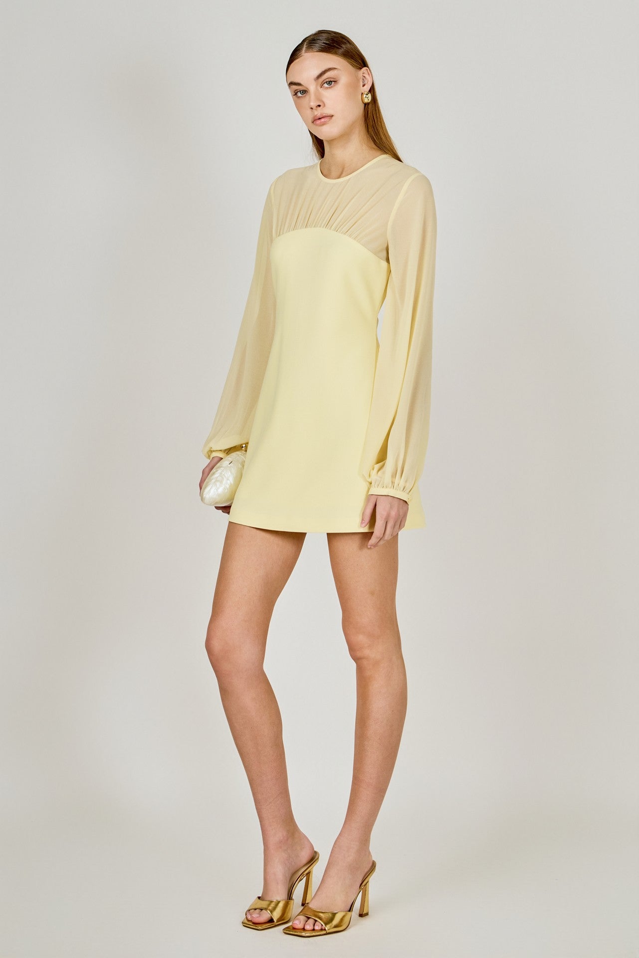 Grand butter yellow mixed media puff sleeve mini dress