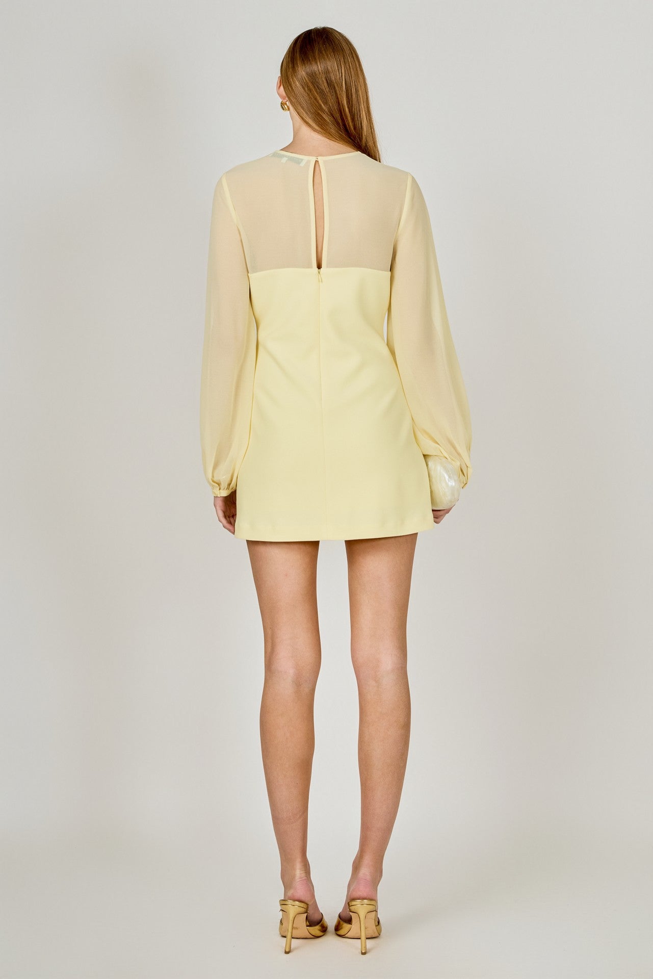 Grand butter yellow mixed media puff sleeve mini dress