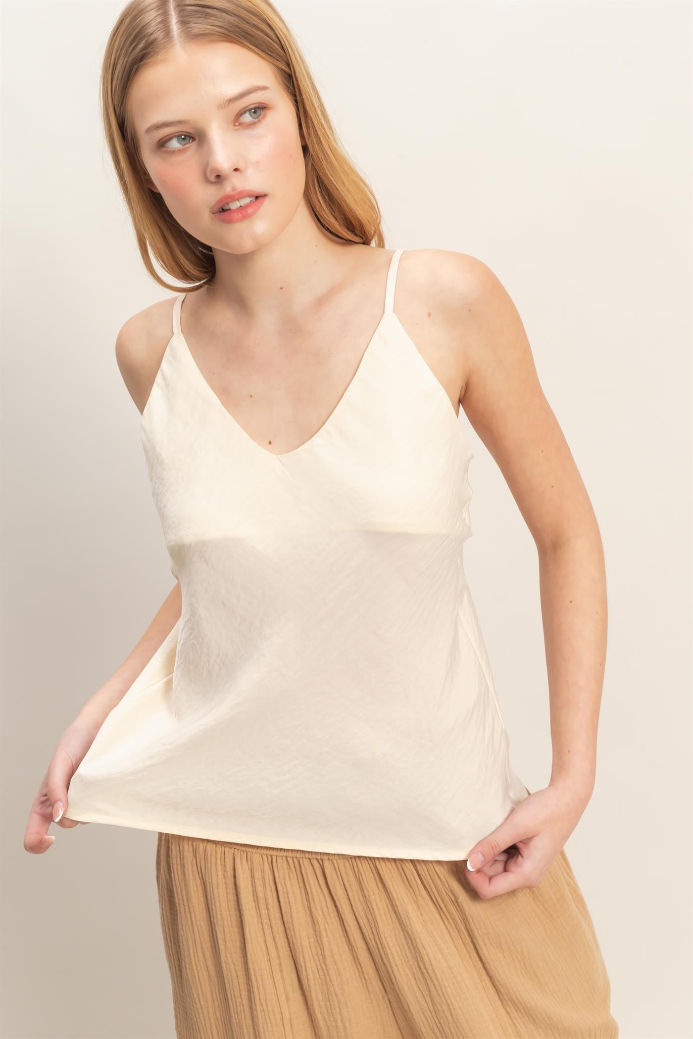 Kelis ivory spaghetti strapped satin top