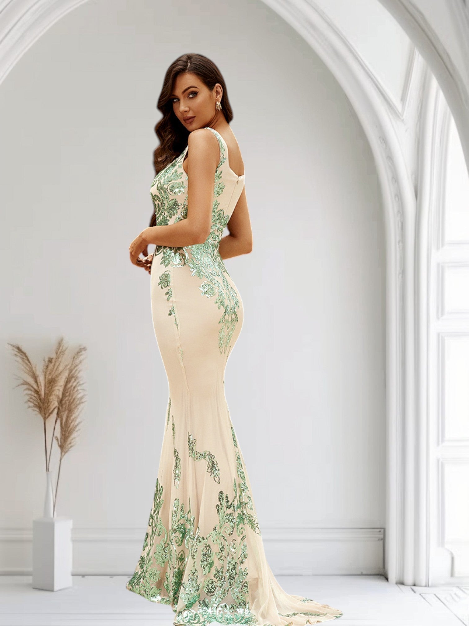 Fiona Sequin Mint Beige Trumpet Style Formal