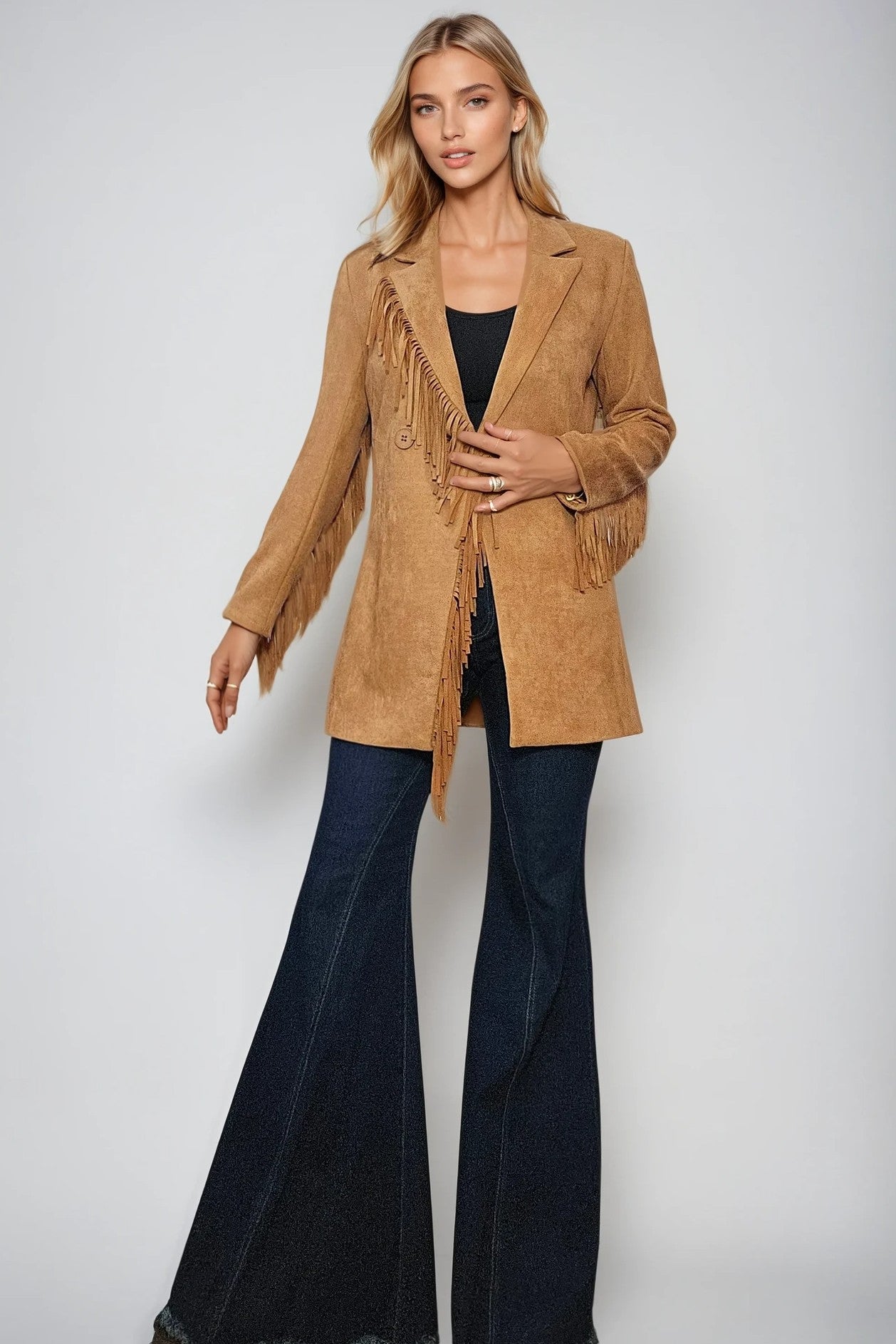 Calista Tan Suede Fringe Blazer