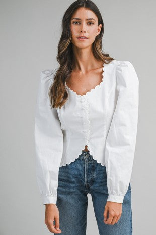 Vivian white scallop detail long sleeve top