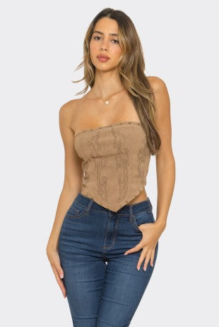 Mazie taupe lace up western corset top