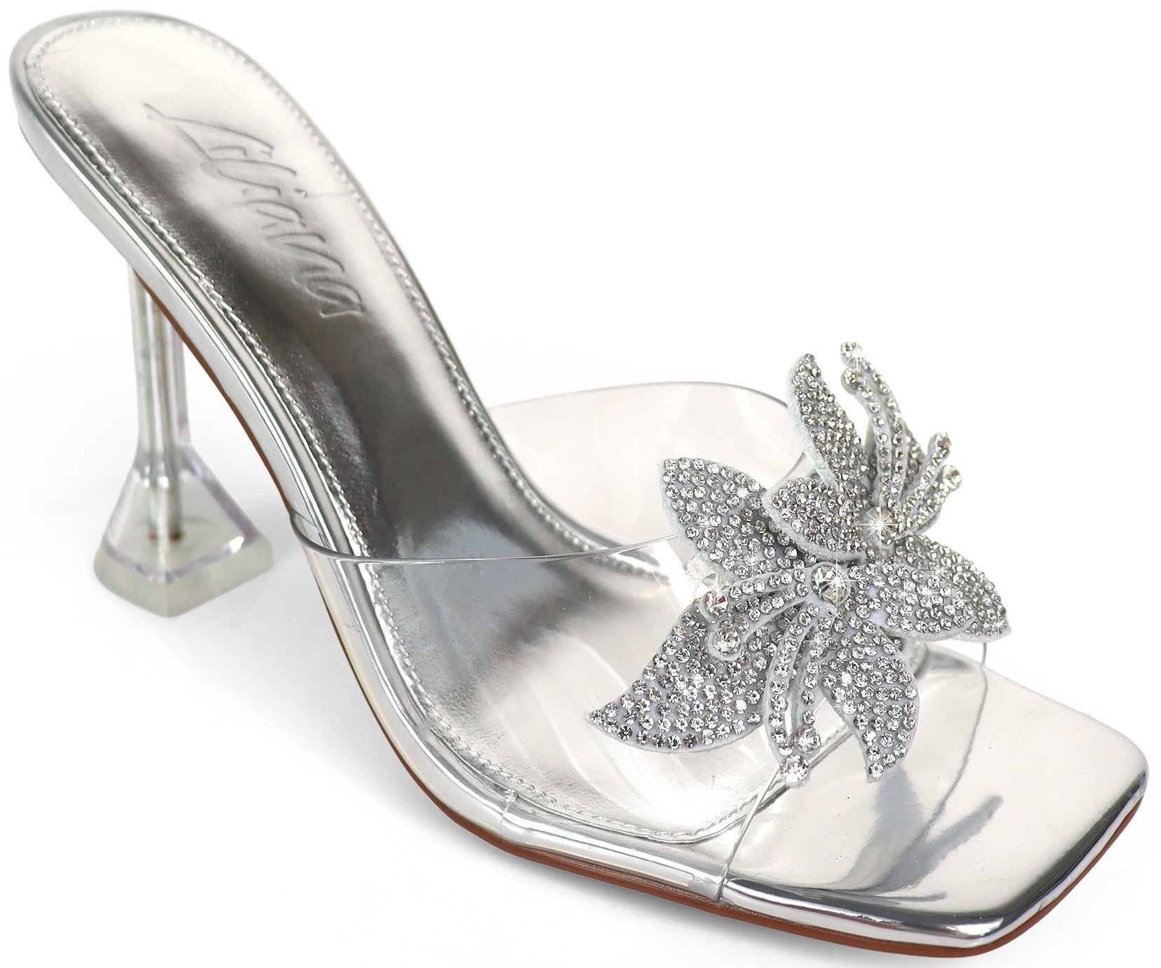 April Silver Clear Strap Embellished Heels