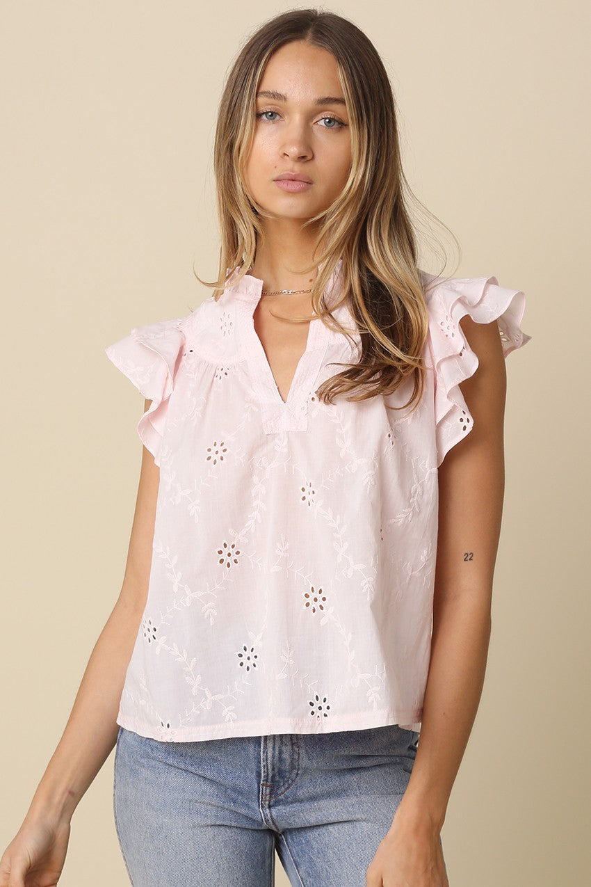 Kelley Baby Pink Eyelet Ruffle Sleeve Top