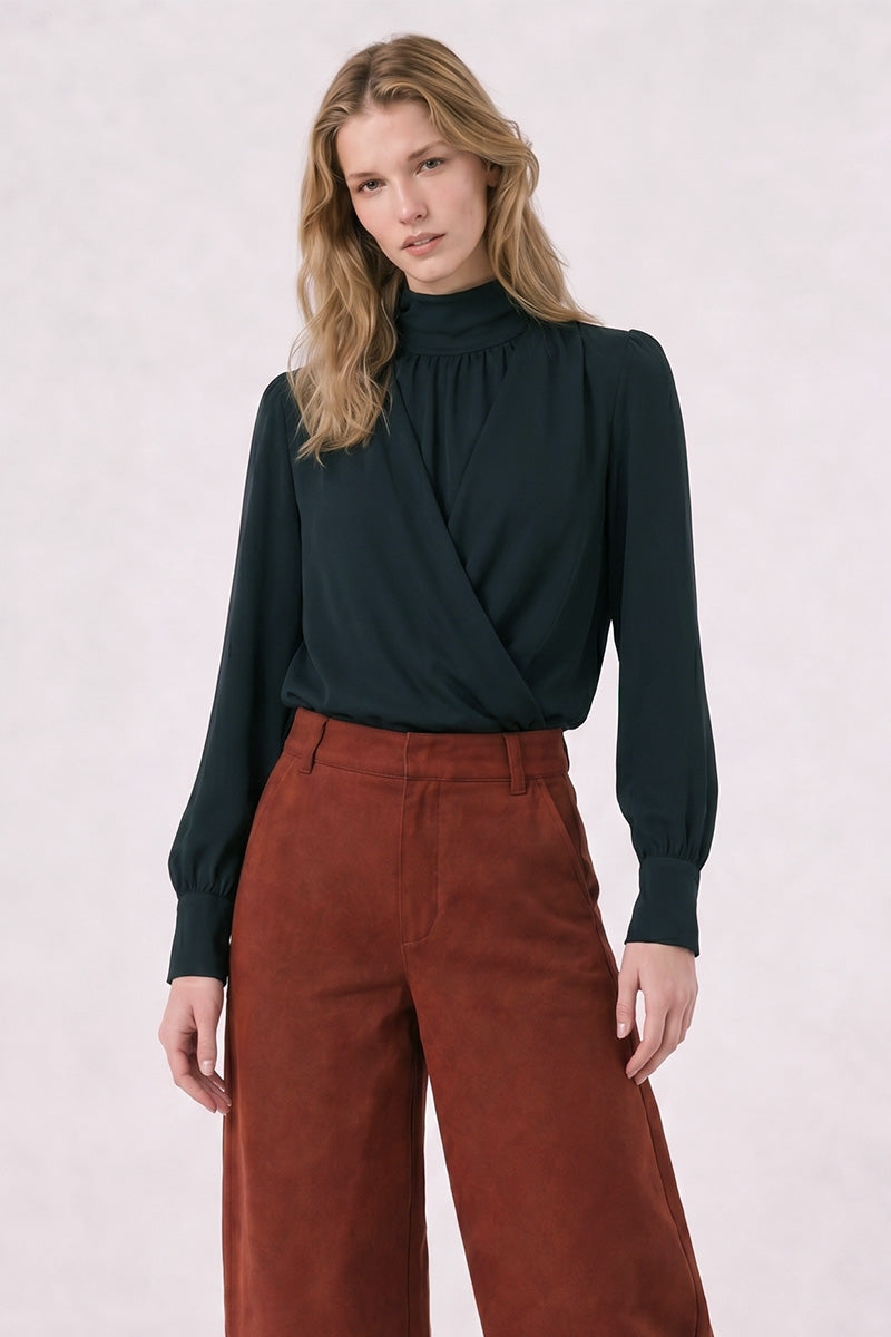 Avery Black Long Sleeve Draped Mock Neck Top