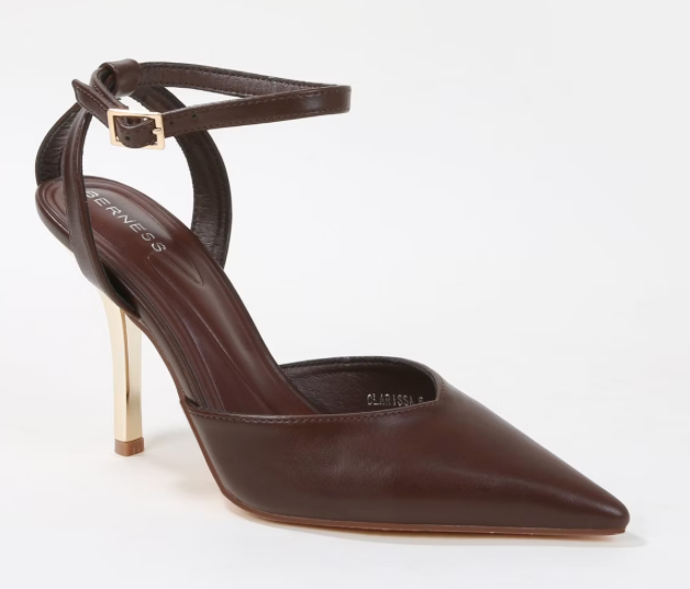 Clarissa Brown Ankle Strap Gold Hardware Heels