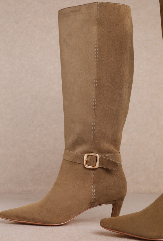 Alexa Khaki Gold Hardware Suede Boots