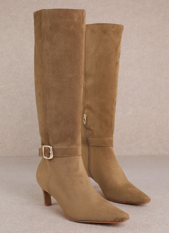Alexa Khaki Gold Hardware Suede Boots