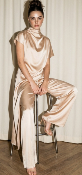 Skylar Rose Melise champagne satin two-piece set featuring a stylish top and matching bottoms, elegant and comfortable for special occasions.