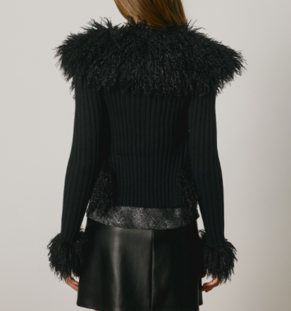 Vera Black Faux Feather Zip Up Cardigan