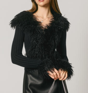 Vera Black Faux Feather Zip Up Cardigan