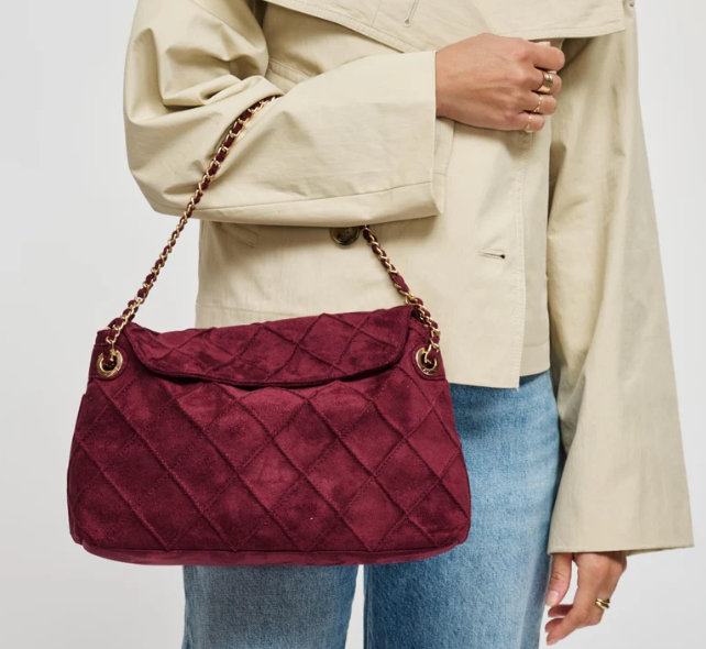 Wine Quilted Faux Suede Hobo Bag