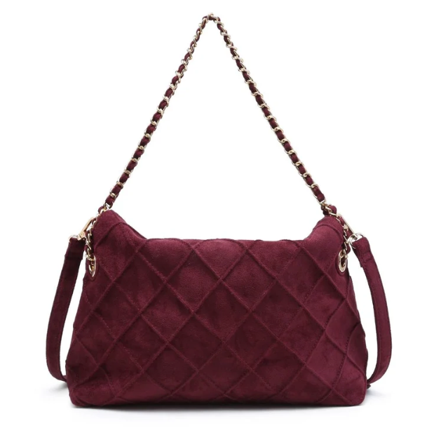 Wine Quilted Faux Suede Hobo Bag
