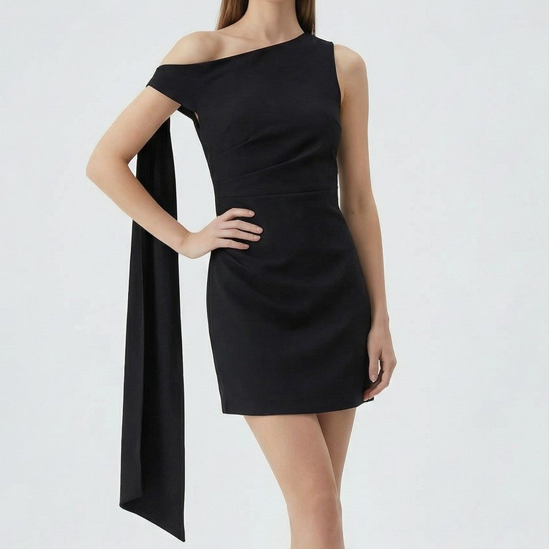 Vance black one shoulder mini dress with draping sash