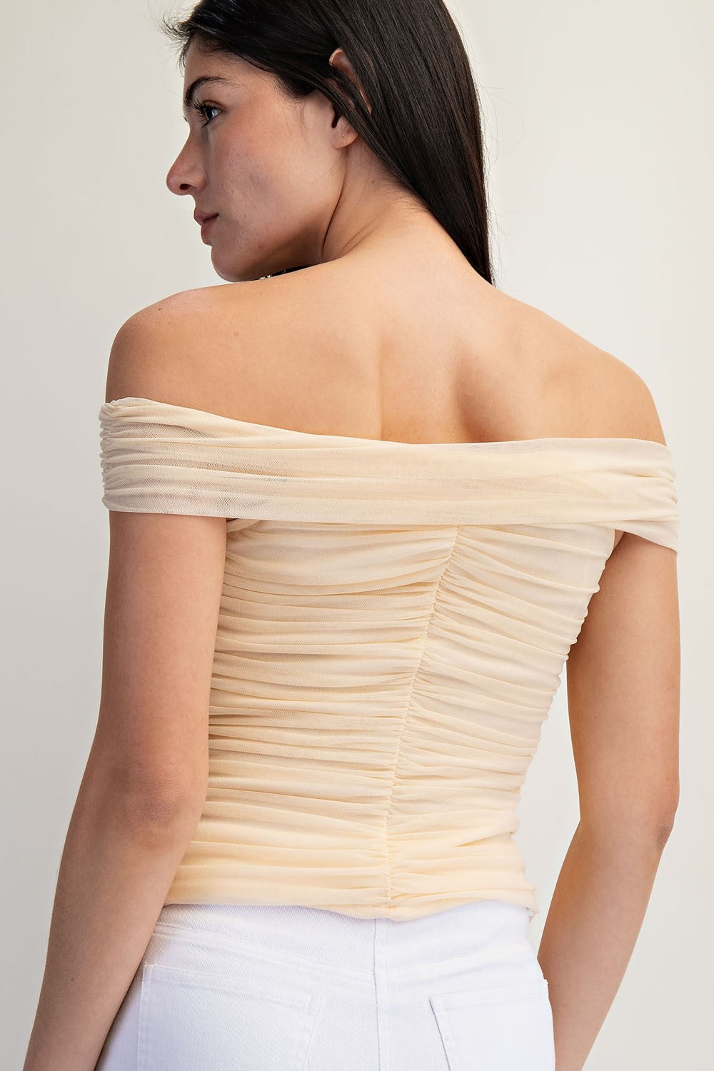 Marli mesh off shoulder ruched top