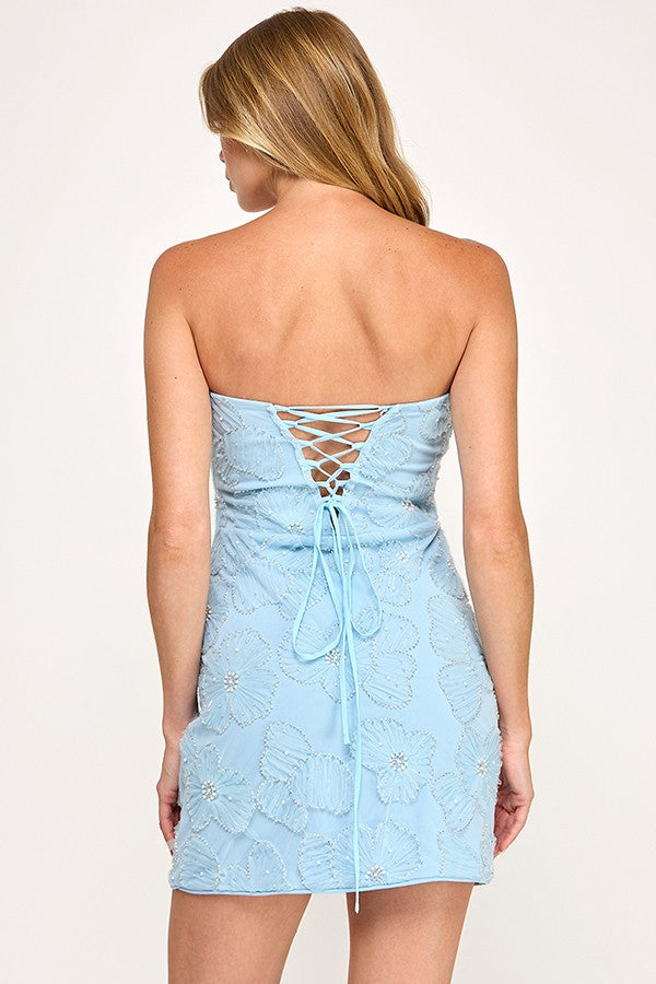 Jada Light Blue Floral Textured Strapless Mini Dress