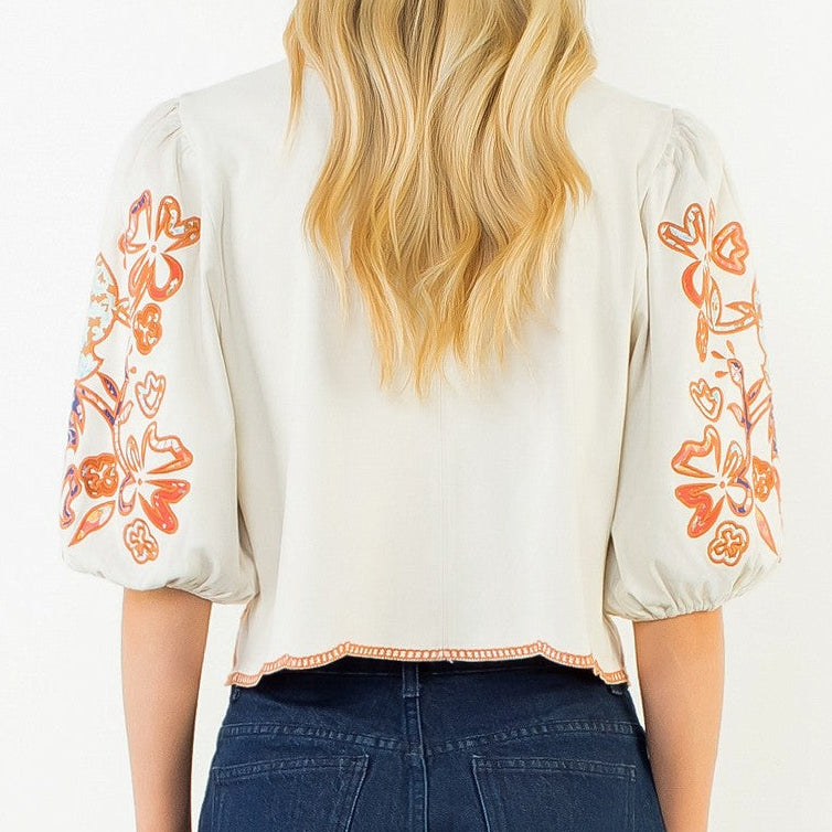 Connie Cream Floral Embroidered Puff Sleeve Top