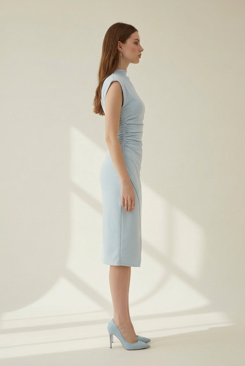 Wynn Light Blue Round Neck Cap Sleeve Side Ruched Midi Dress