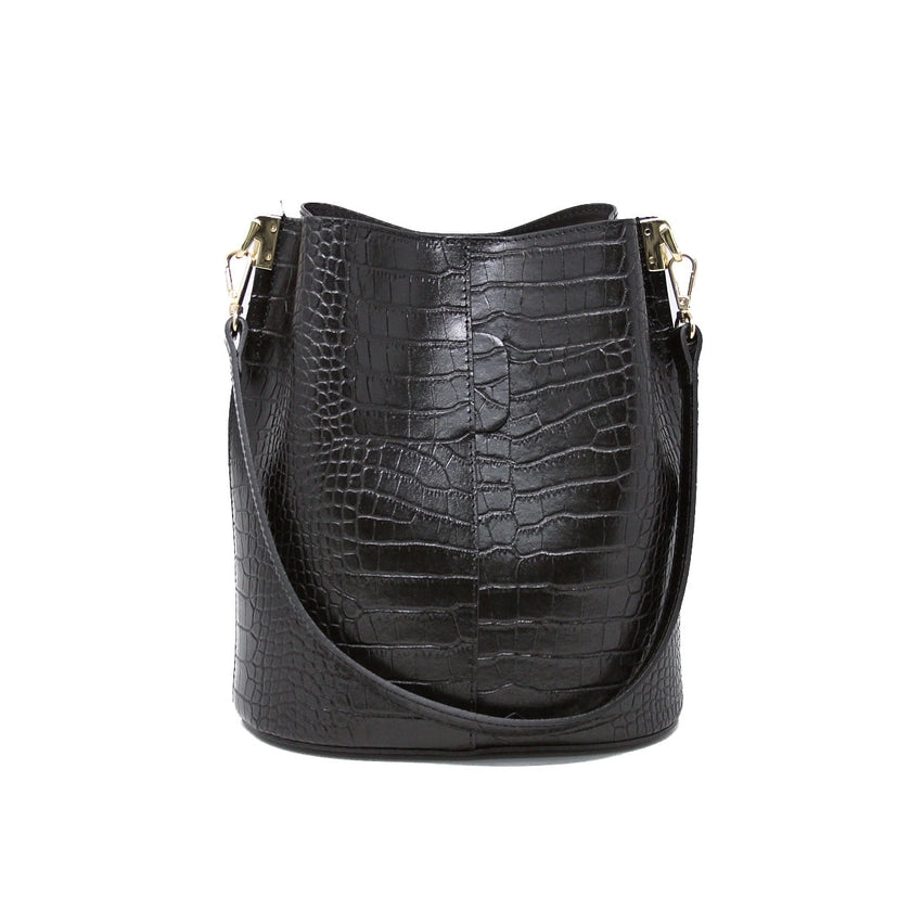 Malani Black Croc Italian Leather Bucket Bag