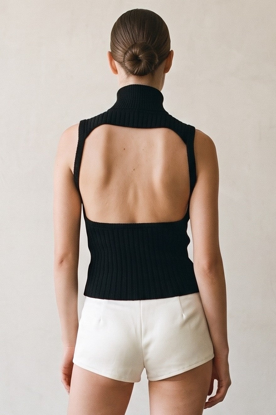 Shelbi Black Open Back Turtleneck Ribbed Knit Top