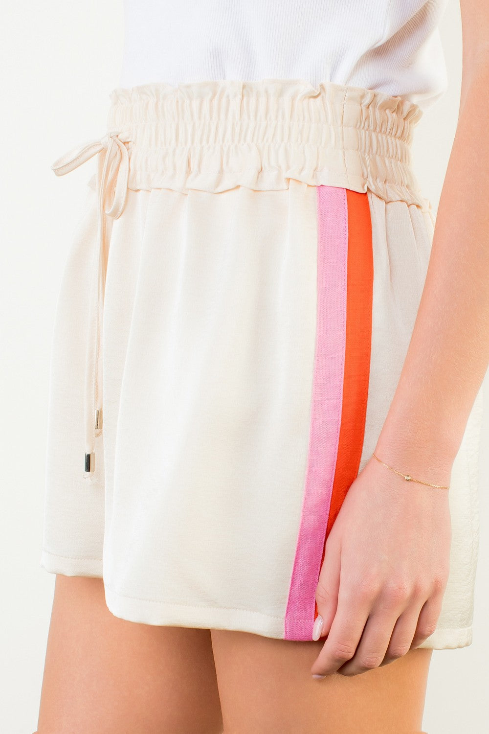 Cassie Cream Elastic Waist Side Striped Shorts