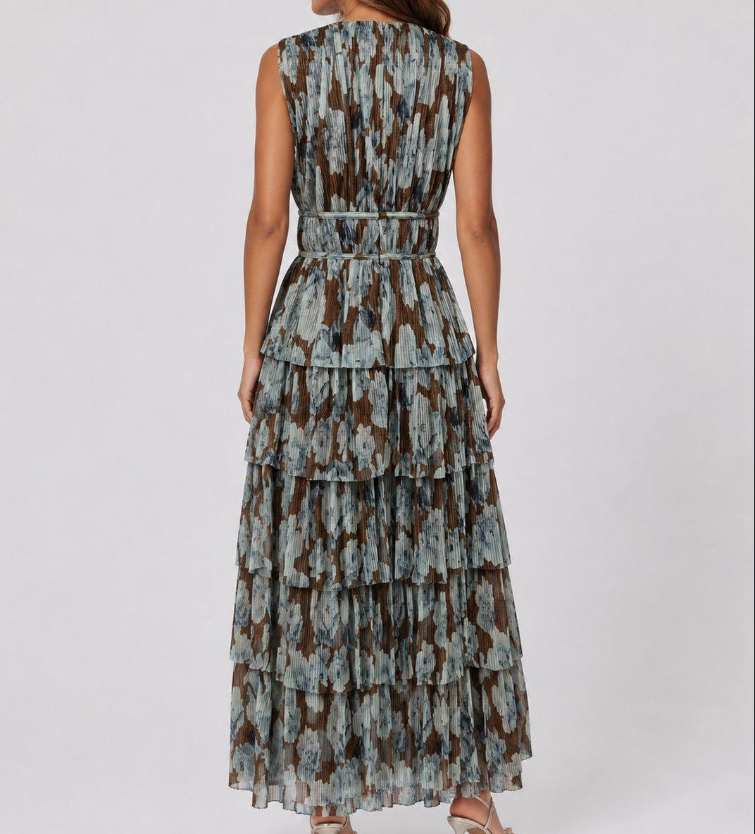Kay Brown & Blue Deep V Neck Ruffled Maxi Dress