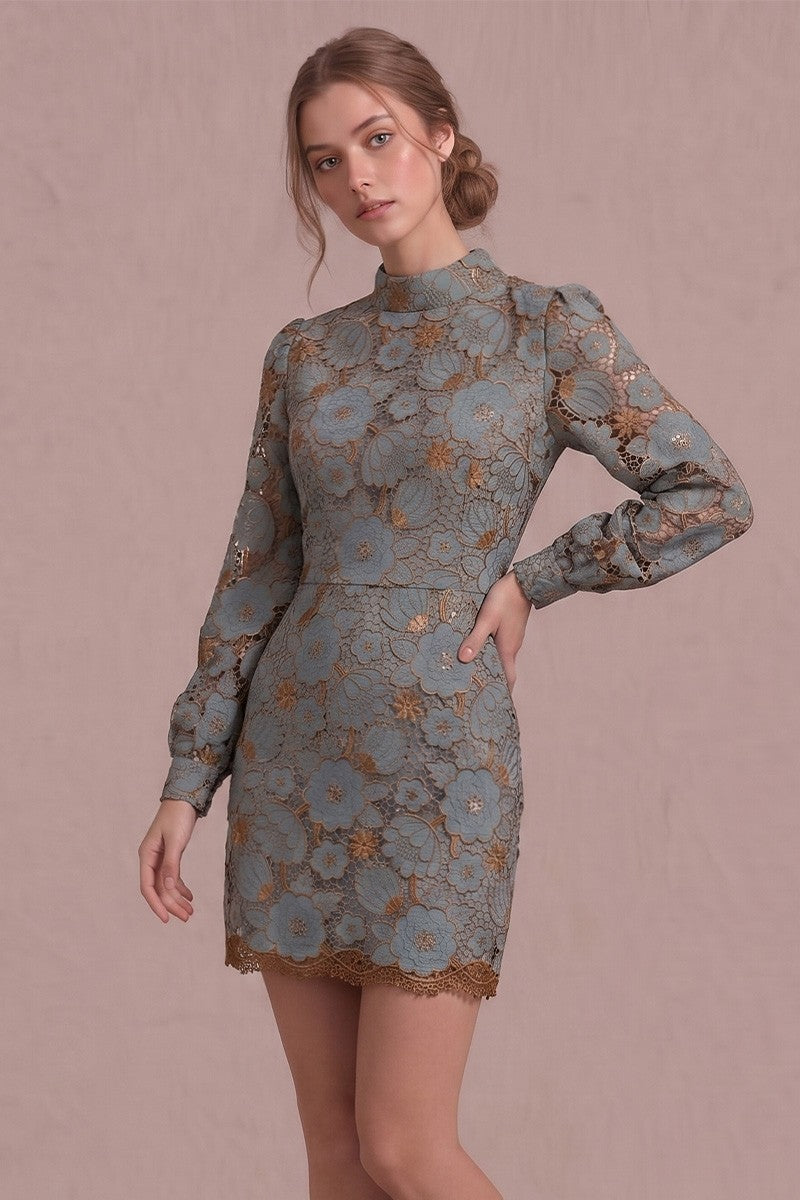Demi Dusty Blue Embroidered Long Sleeve Mini Dress