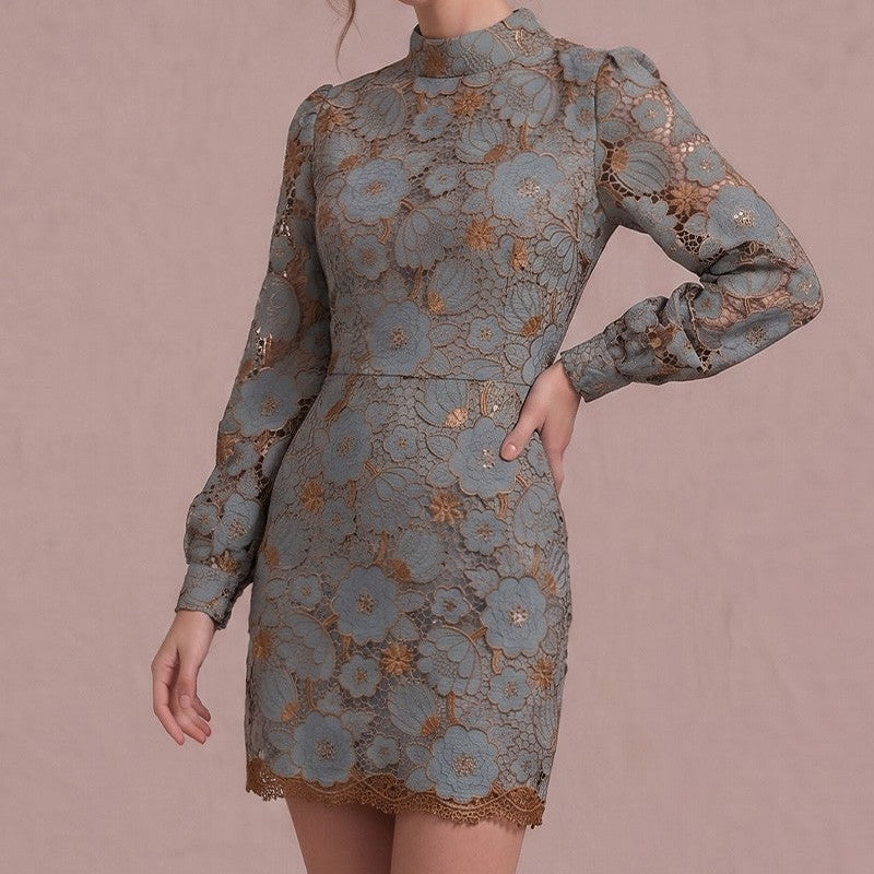 Demi Dusty Blue Embroidered Long Sleeve Mini Dress