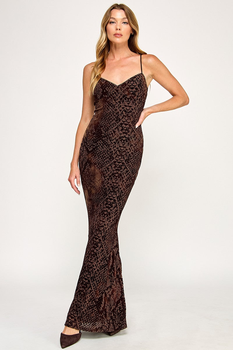 Vivenne Brown Snake Print Mesh Maxi Dress