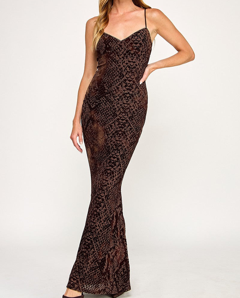 Vivienne Brown Snake Print Mesh Maxi Dress